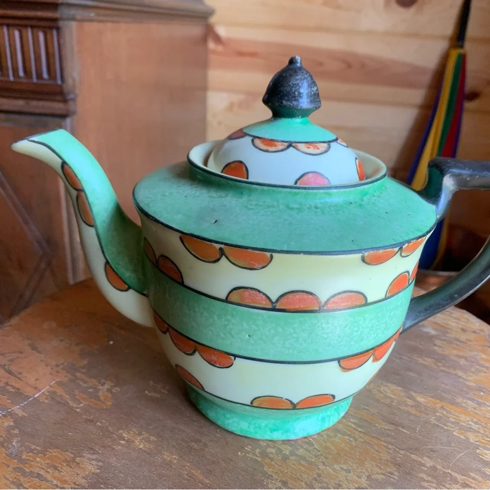 Art Deco Green & Orange Teapot - Striped Geometric Design